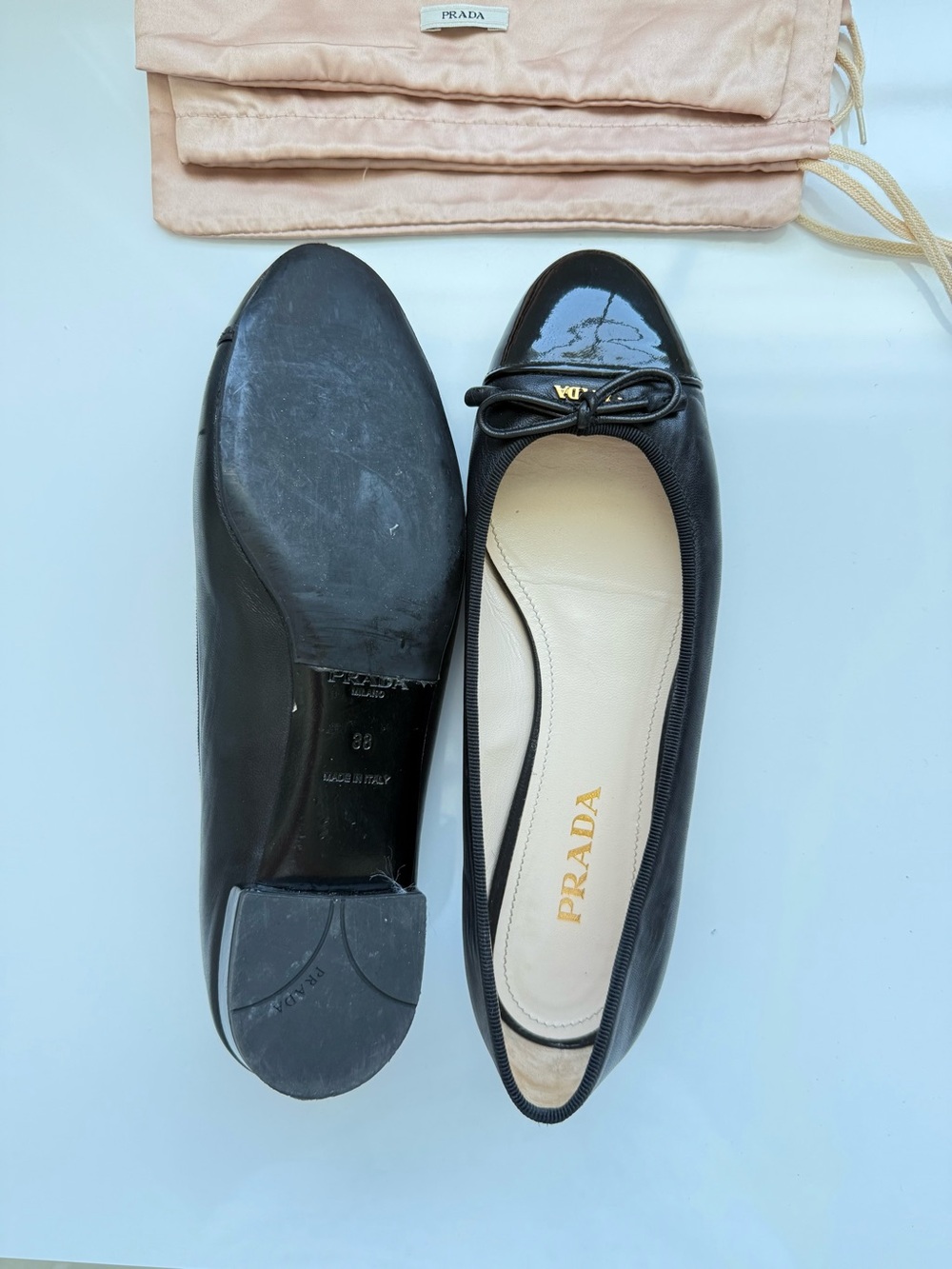 Prada Black Leather Ballet Flats with Patent Cap Toe and Bow - Picture 2 of 5